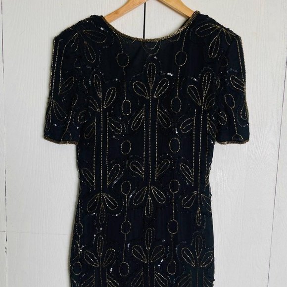 Shimmer in Gold: Vintage Silk Black Tie Dress – Size M - Picture 1 of 7